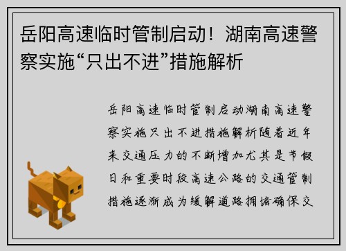 岳阳高速临时管制启动！湖南高速警察实施“只出不进”措施解析