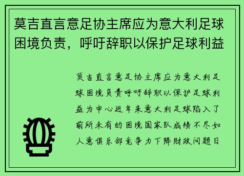莫吉直言意足协主席应为意大利足球困境负责，呼吁辞职以保护足球利益