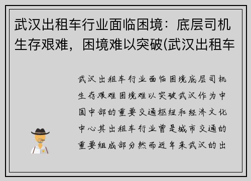 武汉出租车行业面临困境：底层司机生存艰难，困境难以突破(武汉出租车生意惨淡)