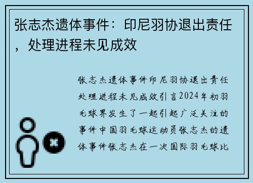 张志杰遗体事件：印尼羽协退出责任，处理进程未见成效