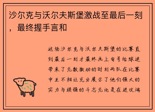 沙尔克与沃尔夫斯堡激战至最后一刻，最终握手言和