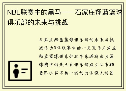 NBL联赛中的黑马——石家庄翔蓝篮球俱乐部的未来与挑战