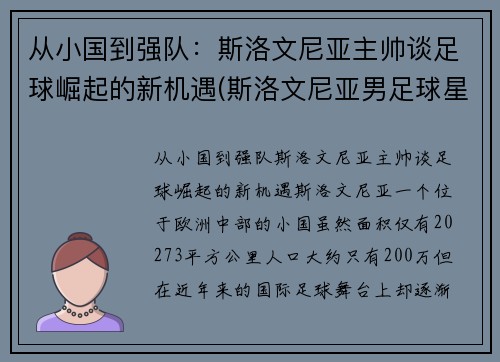 从小国到强队：斯洛文尼亚主帅谈足球崛起的新机遇(斯洛文尼亚男足球星)