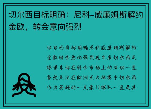 切尔西目标明确：尼科-威廉姆斯解约金欧，转会意向强烈