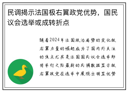 民调揭示法国极右翼政党优势，国民议会选举或成转折点