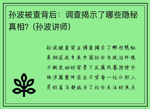 孙波被查背后：调查揭示了哪些隐秘真相？(孙波讲师)