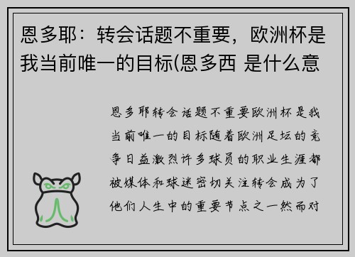 恩多耶：转会话题不重要，欧洲杯是我当前唯一的目标(恩多西 是什么意思)