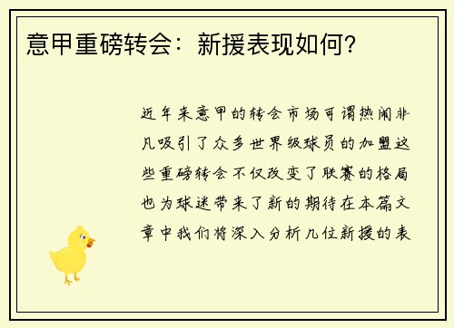 意甲重磅转会：新援表现如何？