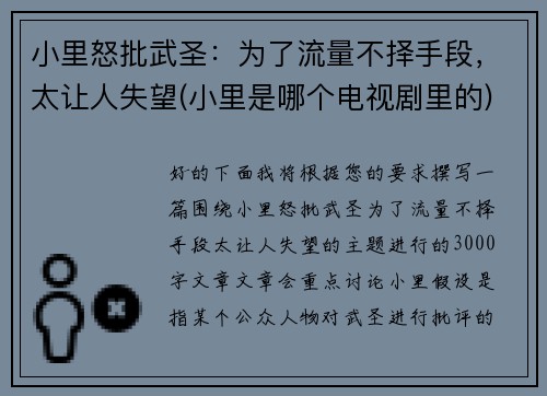 小里怒批武圣：为了流量不择手段，太让人失望(小里是哪个电视剧里的)
